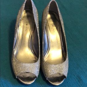 Silver peep-toe wedge